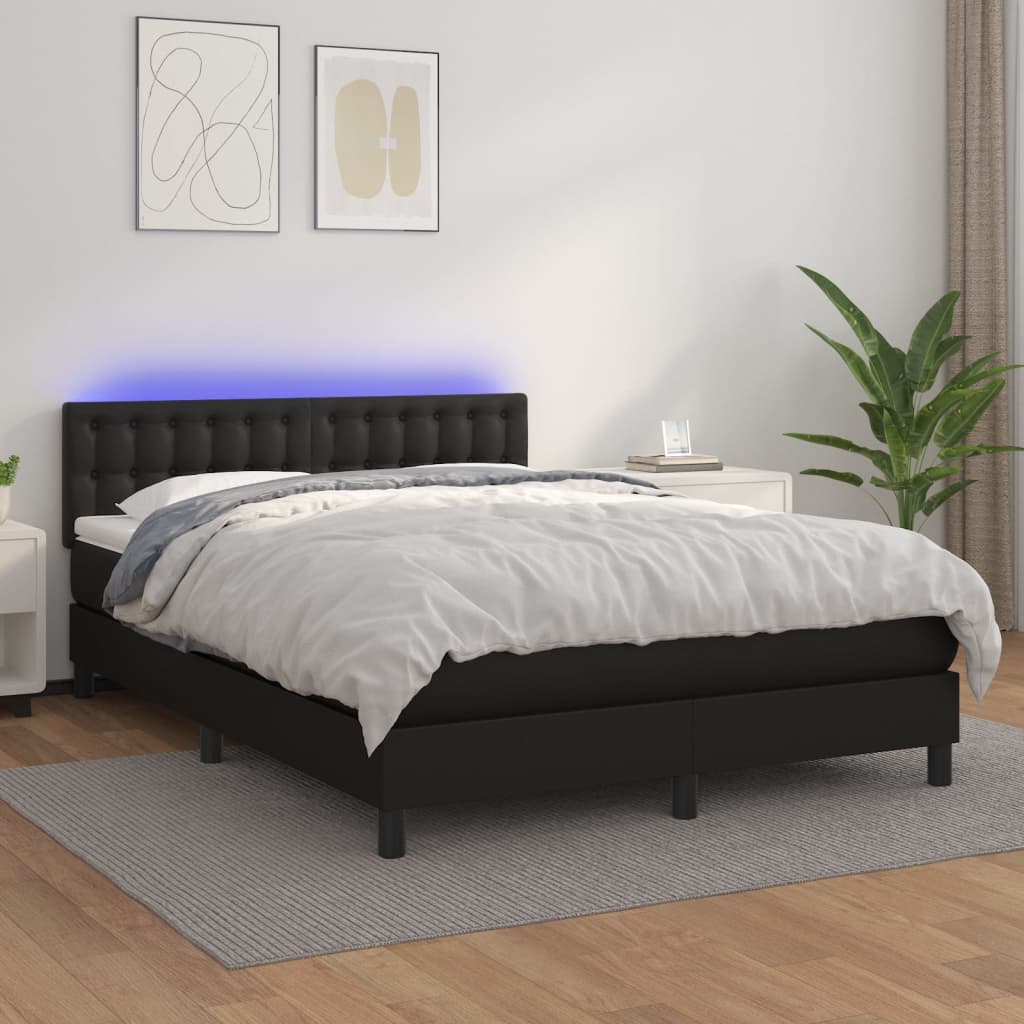 vidaXL Pat continental cu saltea & LED, negru, 140×190 cm, piele eco