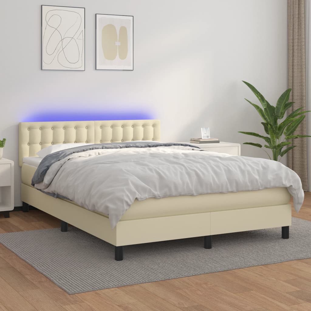 vidaXL Pat cu arcuri, cu saltea & LED, crem, 140x190 cm, piele eco