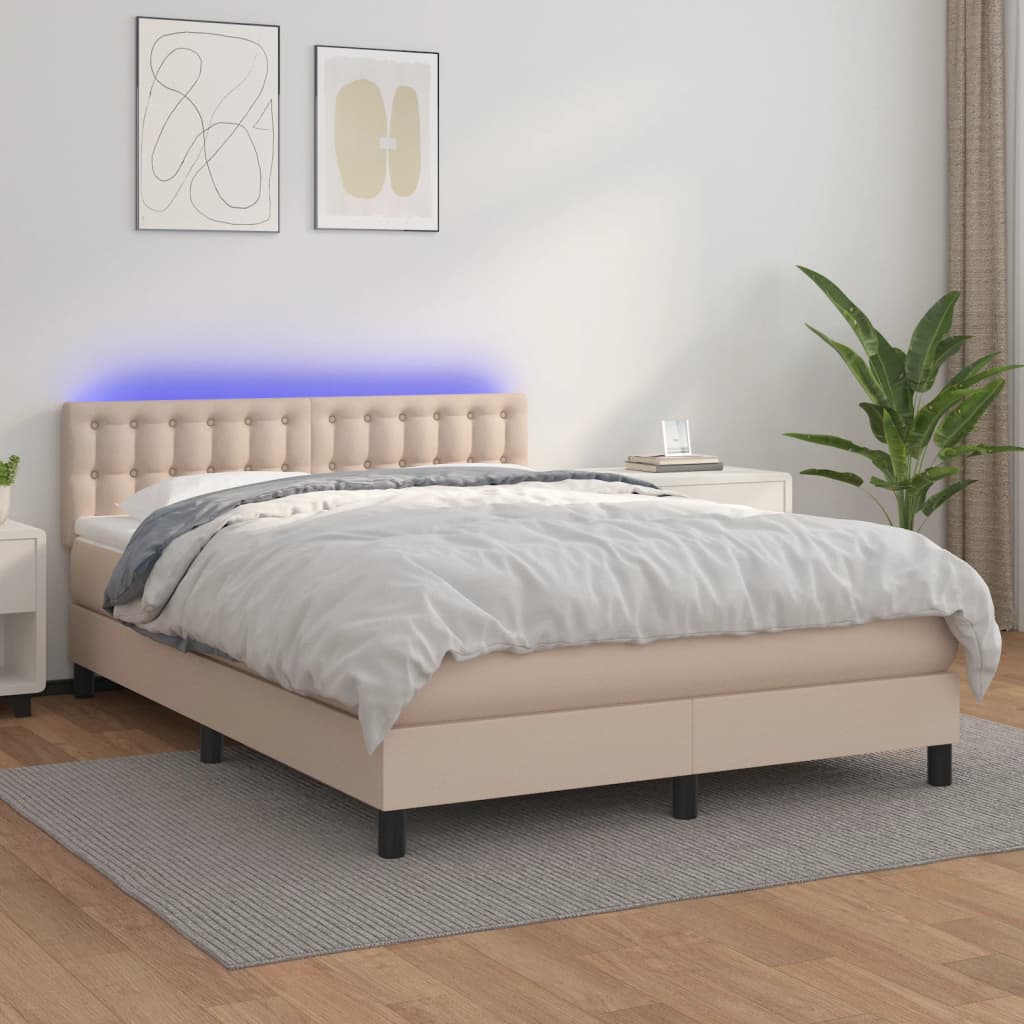 vidaXL Pat cu arcuri, cu saltea și LED cappuccino 140x190 cm piele eco