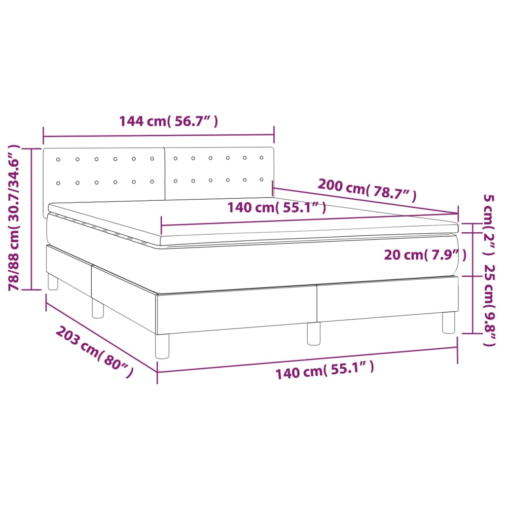 Pat cu arcuri, saltea și LED, alb, 140x200 cm, piele eco