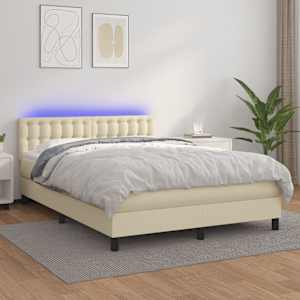 Box spring postelja z vzmetnico LED krem 140x200cm umetno usnje