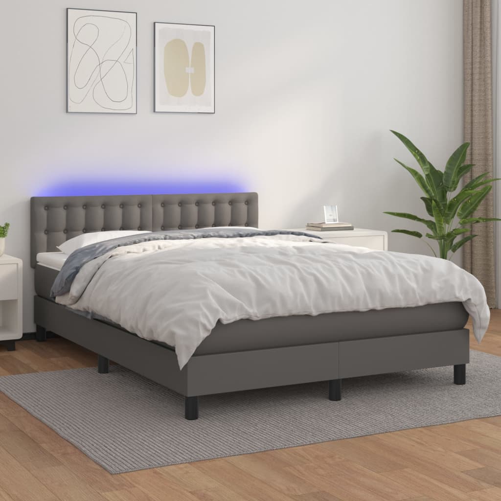 vidaXL Boxspringbett mit Matratze & LED Grau 140x200 cm Kunstleder