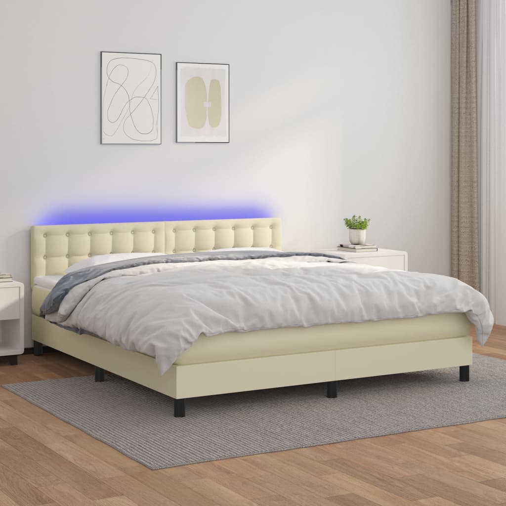 vidaXL Pat cu arcuri, saltea și LED, crem, 160x200 cm, piele ecologică