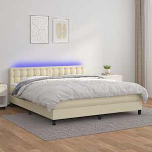 Box spring postelja z vzmetnico LED krem 160x200cm umetno usnje