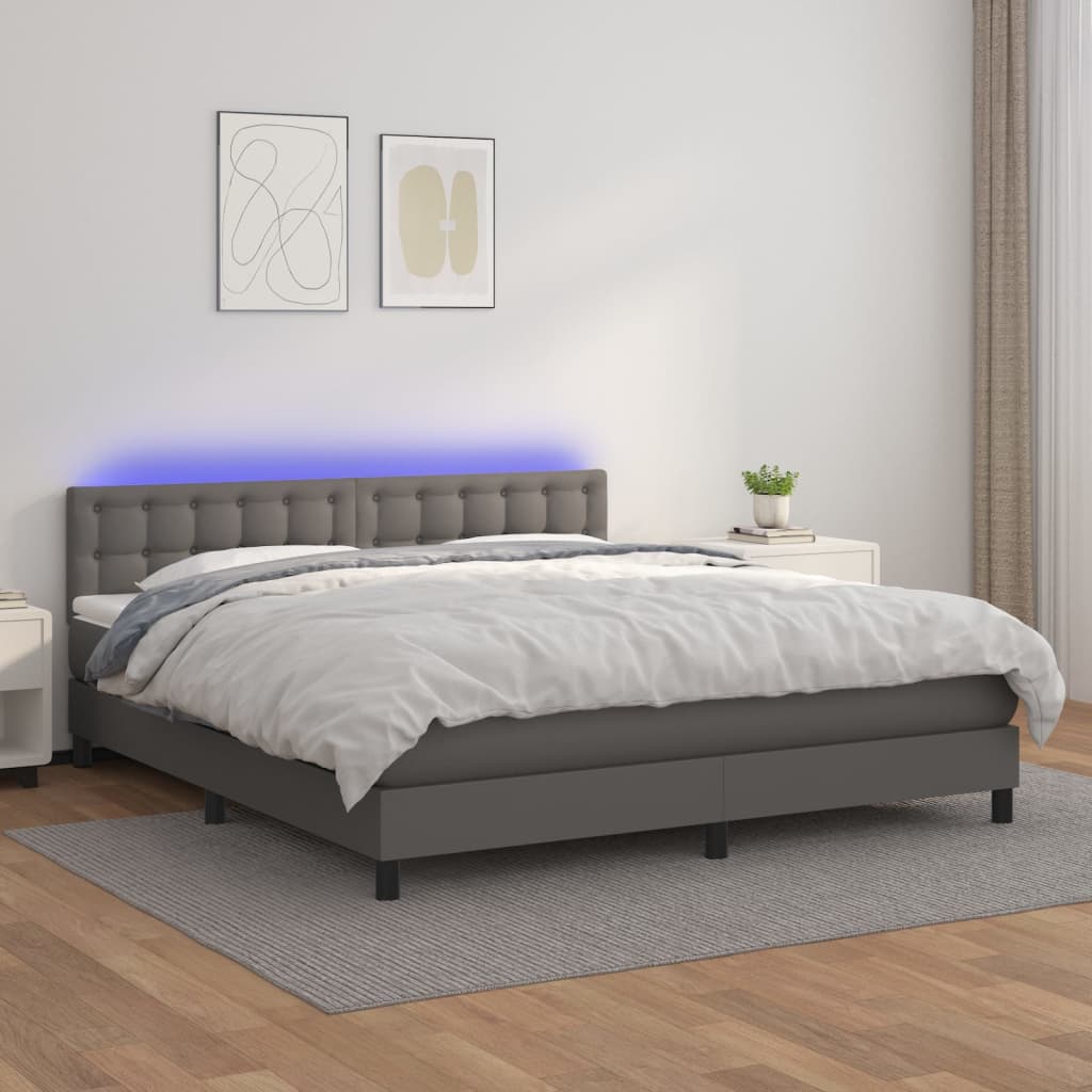 vidaXL Boxspringbett mit Matratze & LED Grau 160x200 cm Kunstleder