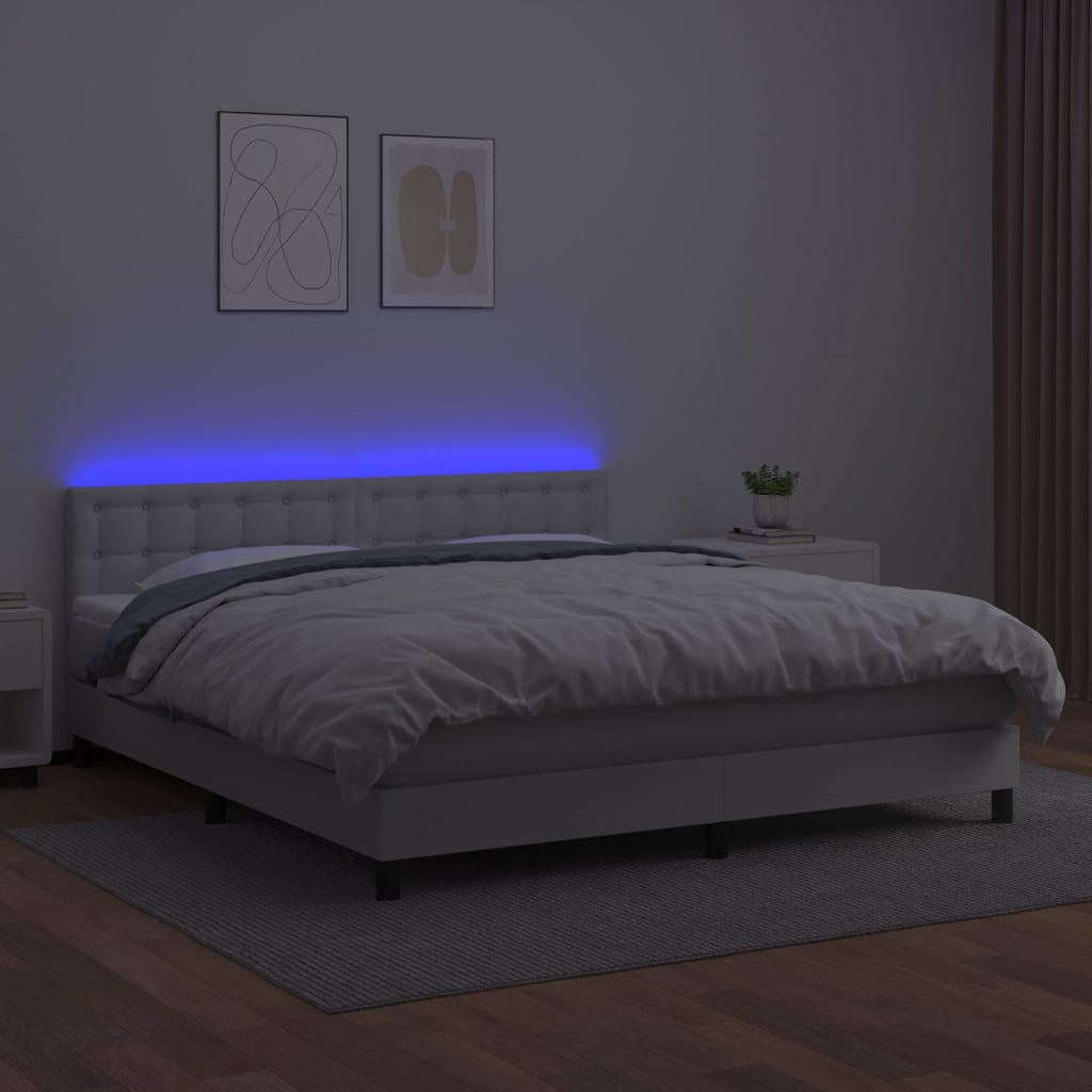 fehér műbőr rugós ágy matraccal és LED-del 180x200 cm