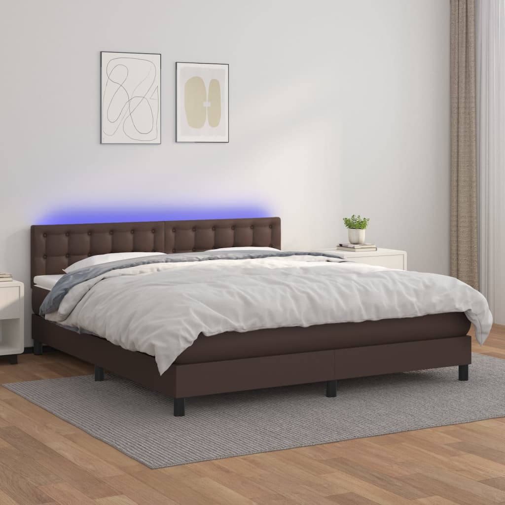 vidaXL Pat cu arcuri, saltea și LED, maro, 180×200 cm, piele ecologică 180x200 imagine noua