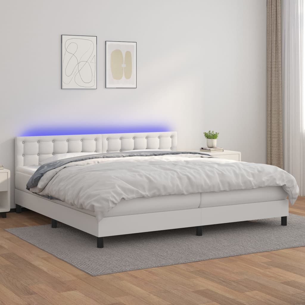 Sommier tapissier et matelas et LED Blanc 200x200 cm Similicuir