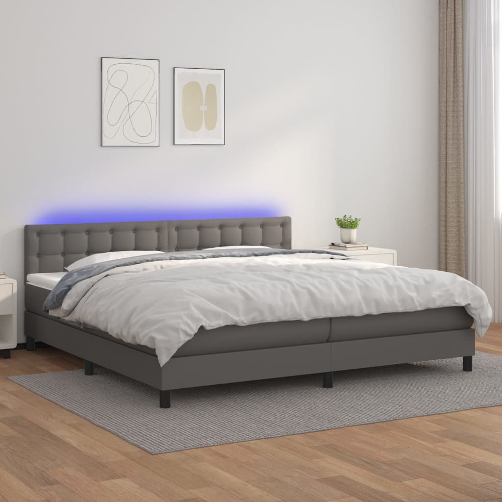 Box spring postel s matrací a LED šedá 200x200 cm umělá kůže