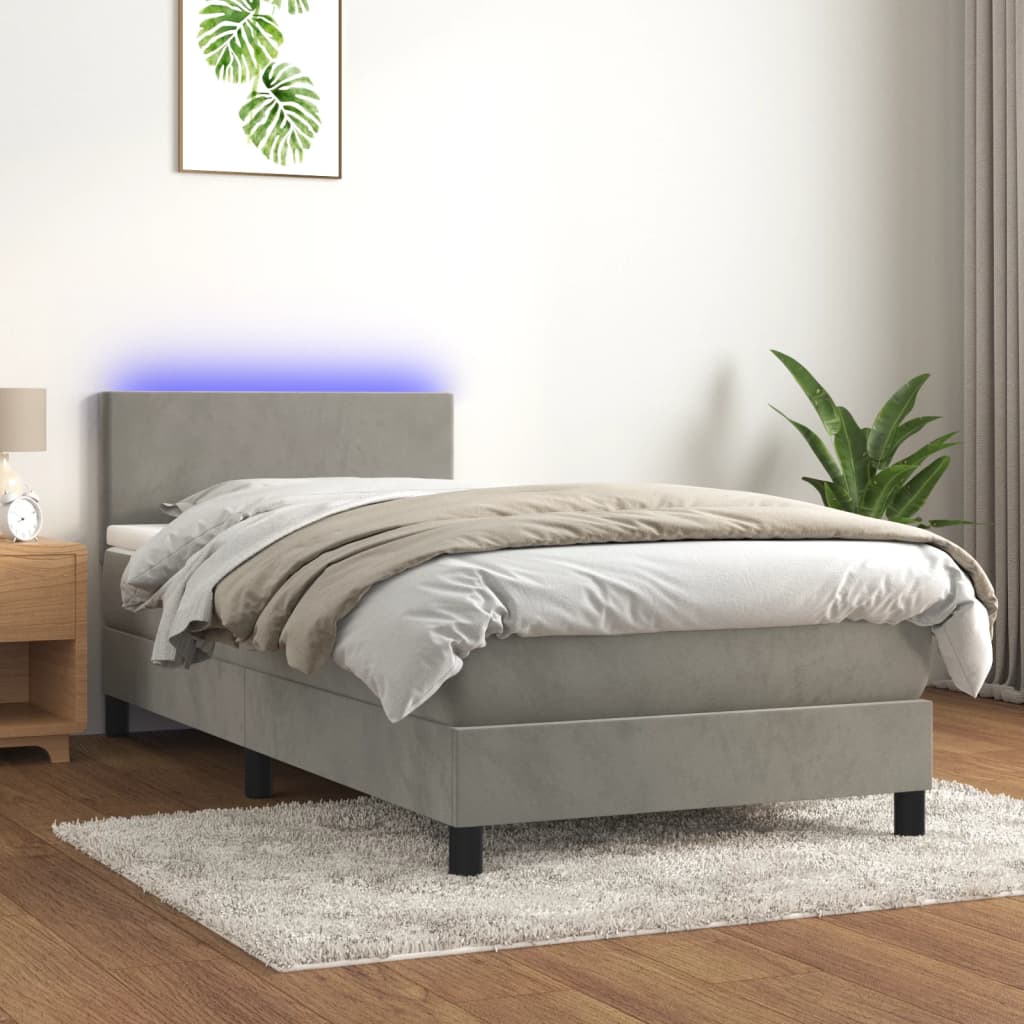 Sommier tapissier et matelas et LED Gris clair 90x190cm Velours