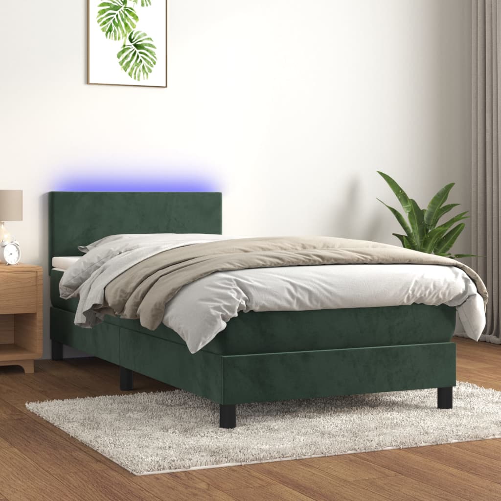 Box spring postel s matrací a LED tmavě zelená 90x190 cm samet