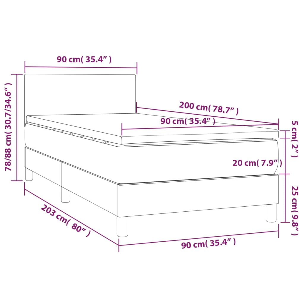 Világosszürke bársony rugós és LED-es ágy matraccal 90x200 cm 