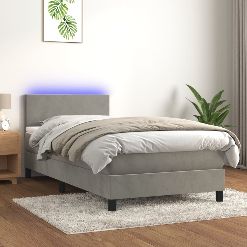 vidaXL Boxspringbett mit Matratze & LED Hellgrau 90x200 cm Samt