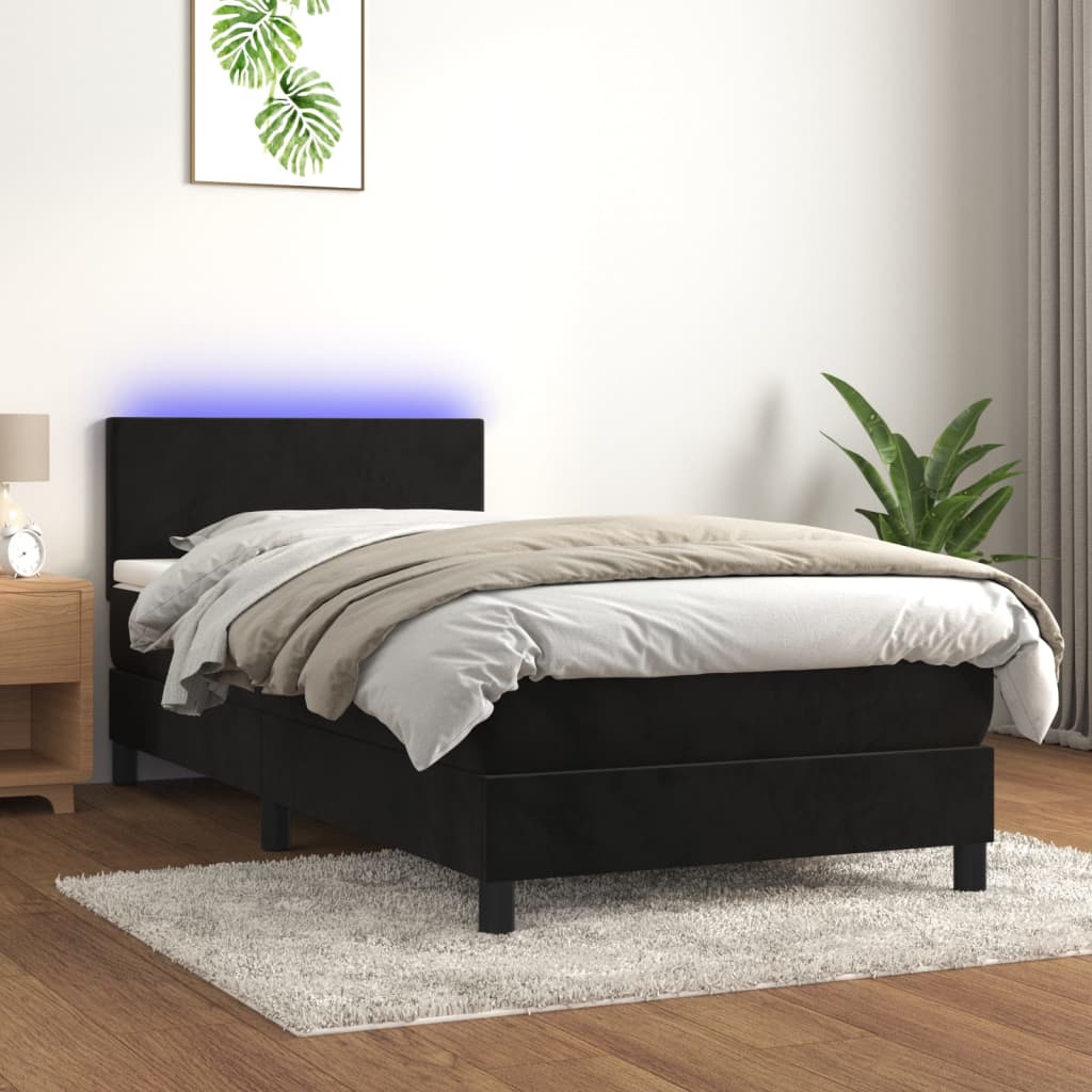 Box spring postel s matrací a LED černá 90x200 cm samet