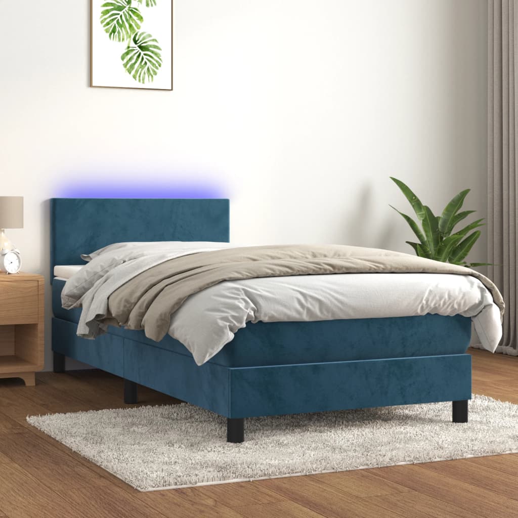 Box spring postel s matrací a LED tmavě modrá 90x200 cm samet