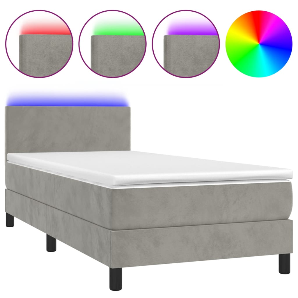 világosszürke bársony rugós és LED-es ágy matraccal 100x200 cm