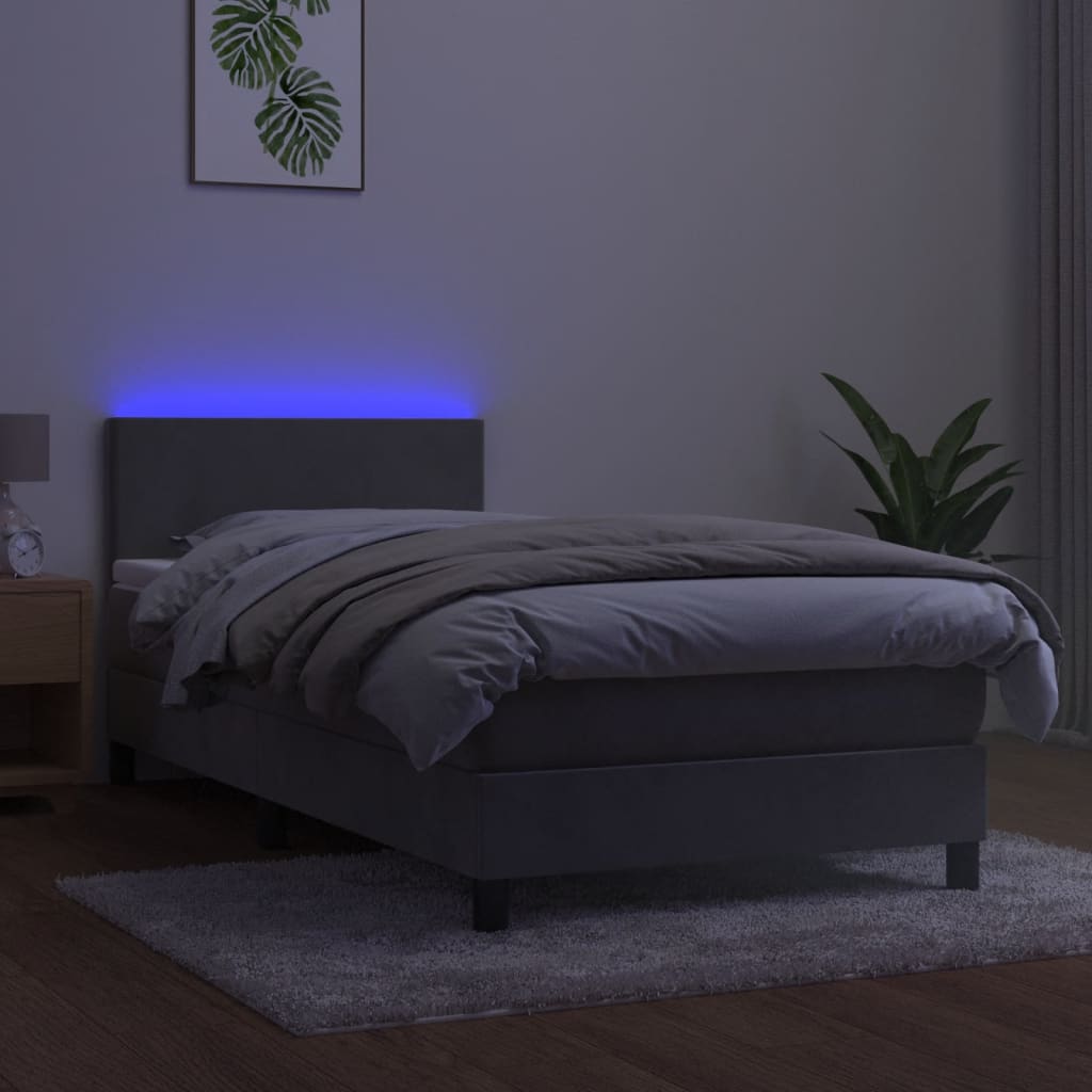 Világosszürke bársony rugós és LED-es ágy matraccal 100x200 cm 