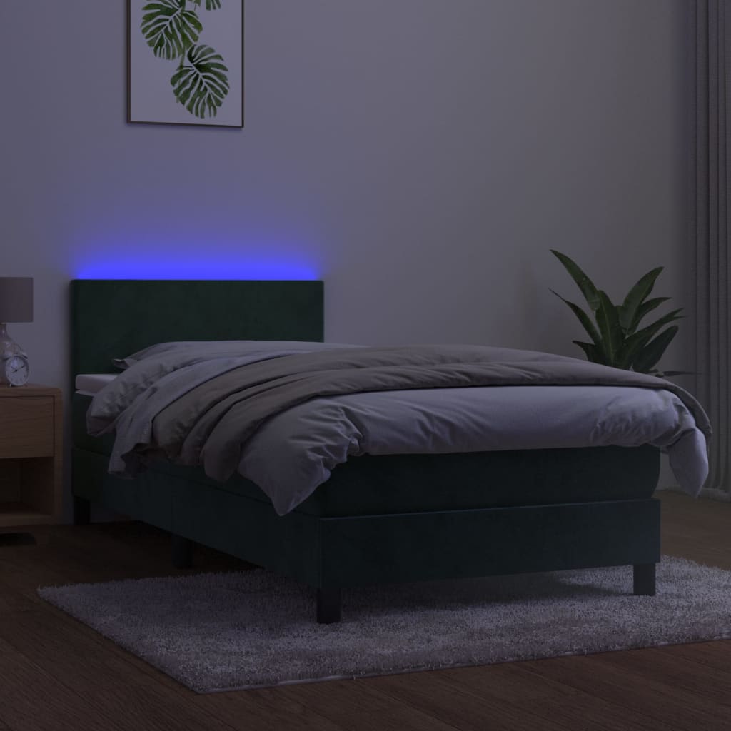 Box spring postelja z vzmetnico LED tem. zelena 100x200cm žamet