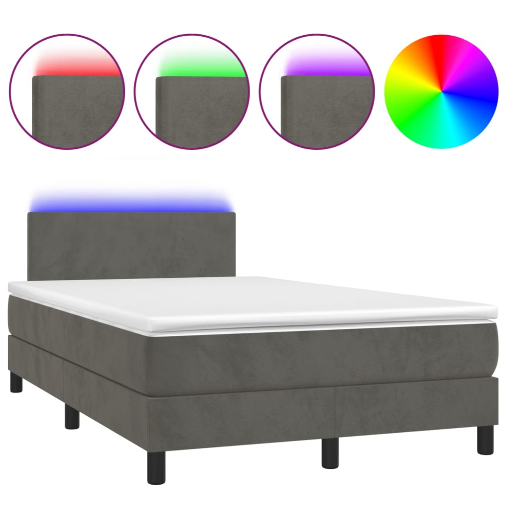 sötétszürke bársony rugós és LED-es ágy matraccal 120x200 cm