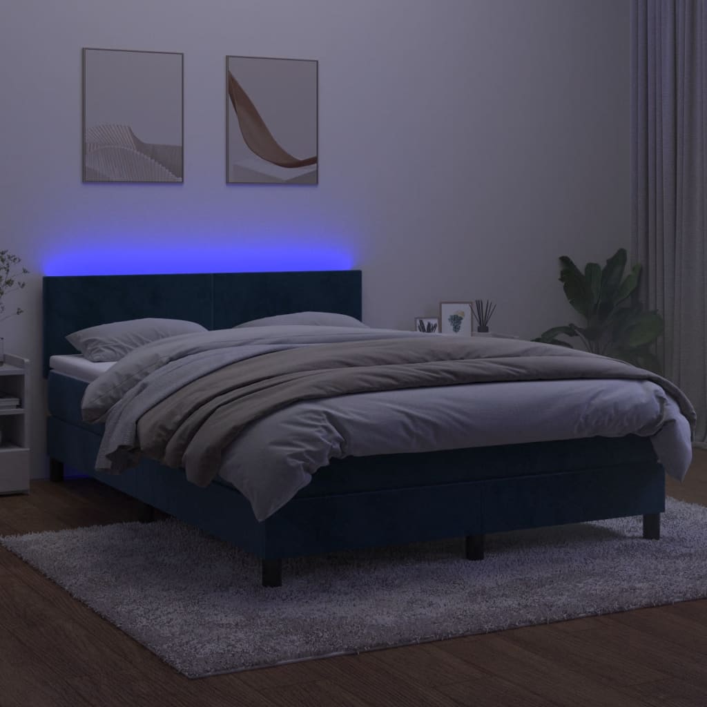 Box spring postelja z vzmetnico LED temno modra 140x200cm žamet