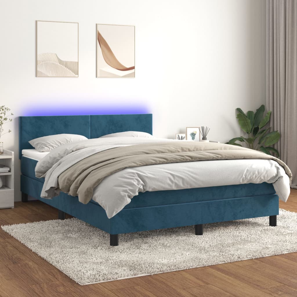 Box spring postelja z vzmetnico LED temno modra 140x200cm žamet