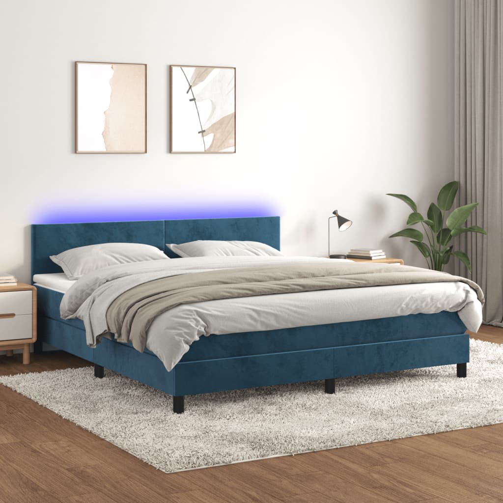 Sommier tapissier matelas et LED Bleu foncé 160x200 cm Velours