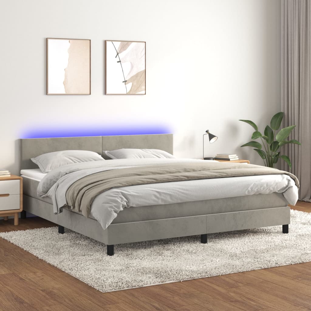 Sommier tapissier matelas et LED Gris clair 180x200 cm Velours