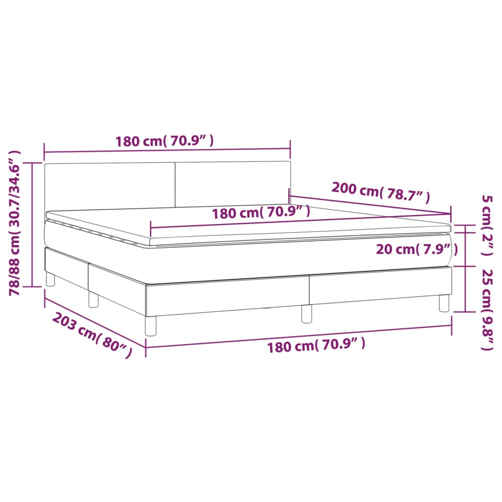 sötétszürke bársony rugós és LED-es ágy matraccal 180x200 cm