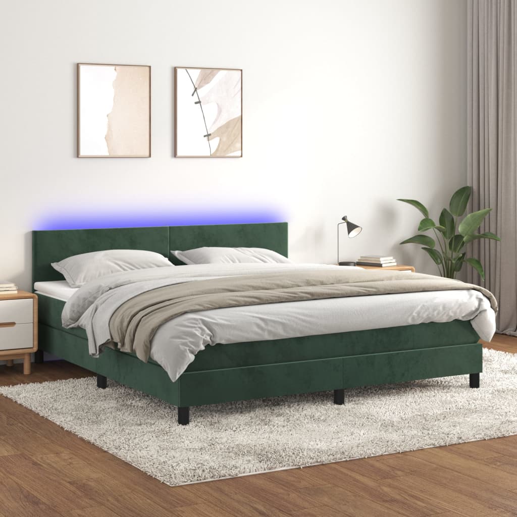 Box spring postel s matrací a LED tmavě zelená 180x200 cm samet