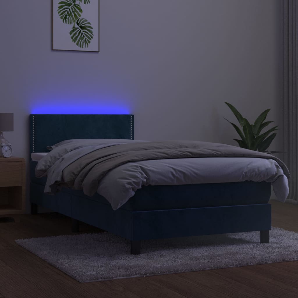 sötétkék bársony rugós és LED-es ágy matraccal 80 x 200 cm