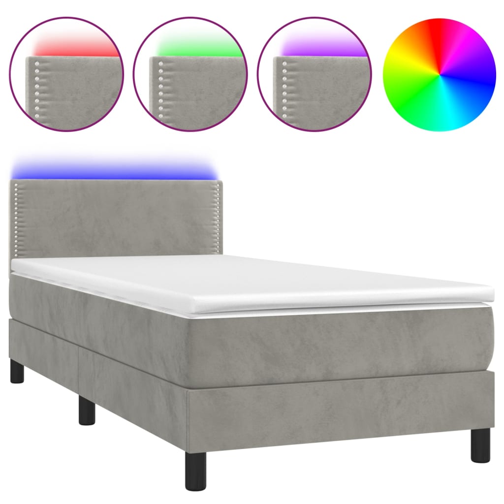 vidaXL Box spring postel s matrací a LED světle šedá 90x190 cm samet