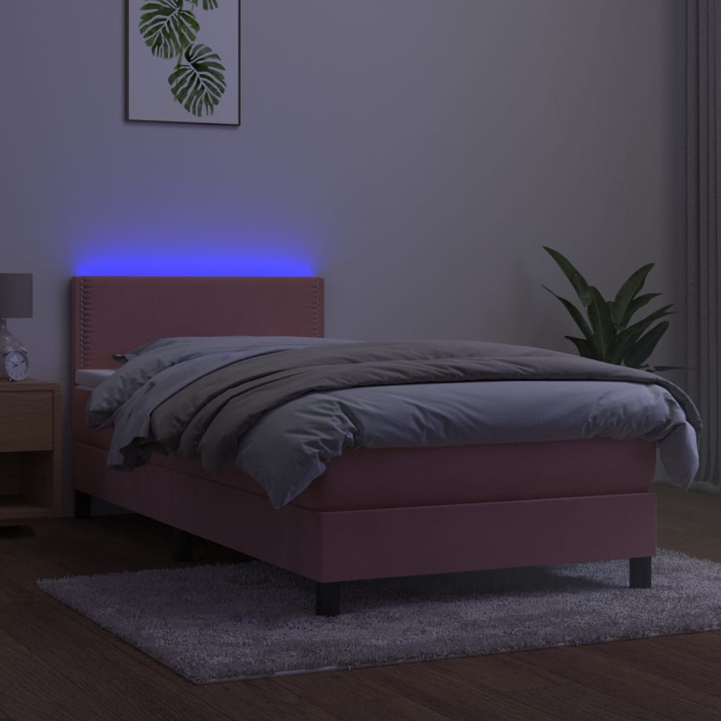 Box spring postel s matrací a LED růžová 90x190 cm samet