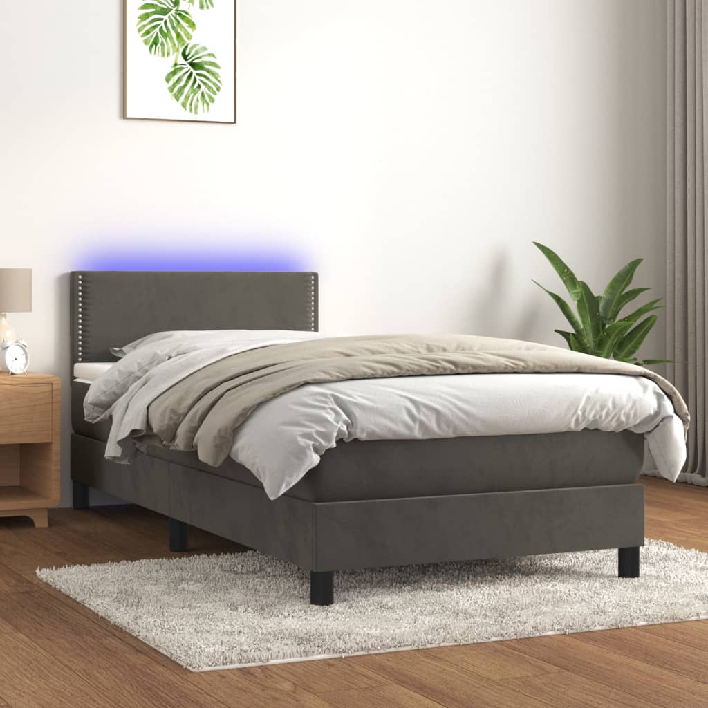 Box spring postel s matrací a LED tmavě šedá 90x200 cm samet