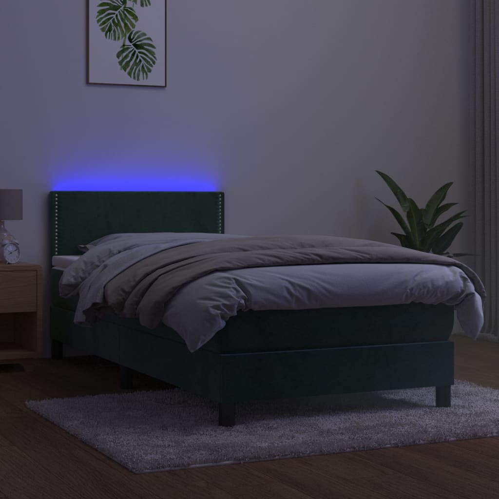 Sötétzöld bársony rugós és LED-es ágy matraccal 90x200 cm 