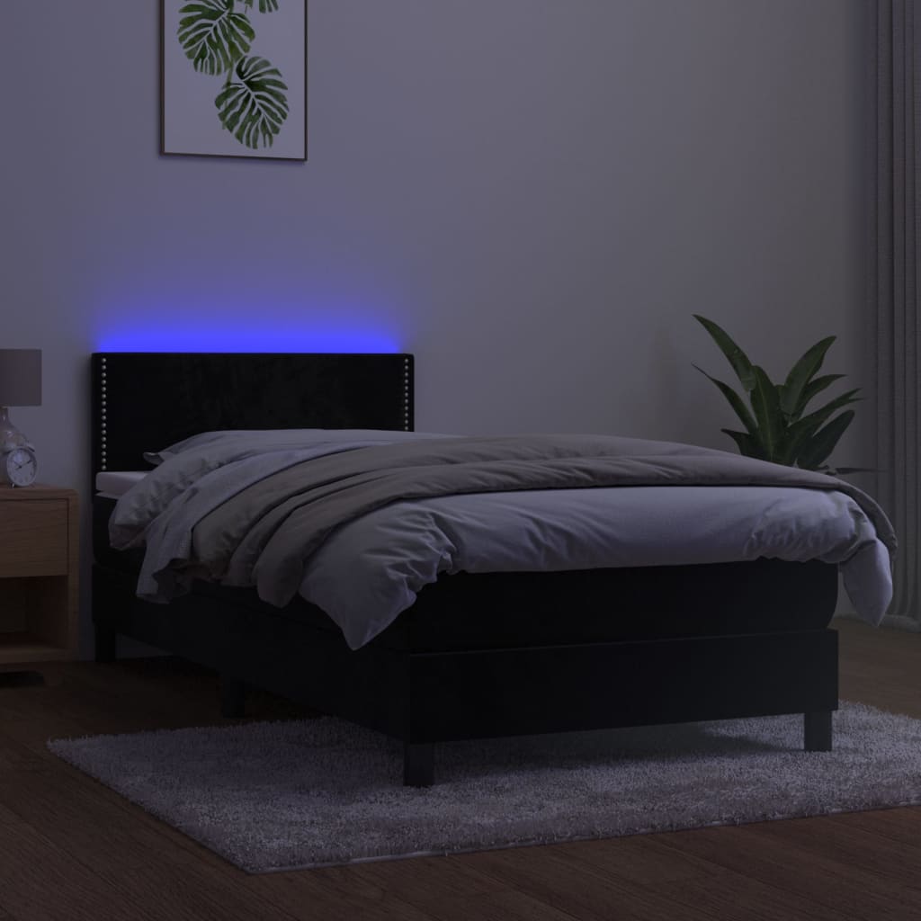 fekete bársony rugós és LED-es ágy matraccal 100x200 cm