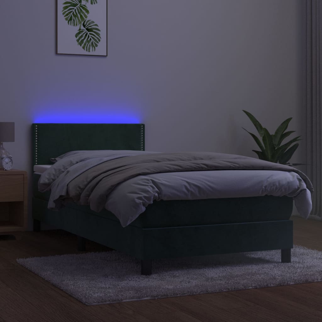 Box spring postel s matrací a LED tmavě zelená 100x200 cm samet