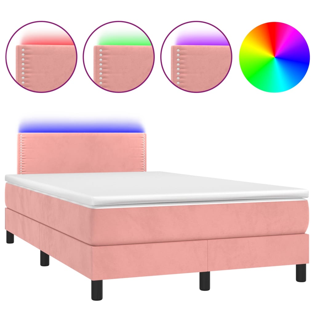 vidaXL Box spring postel s matrací a LED růžová 120x200 cm samet