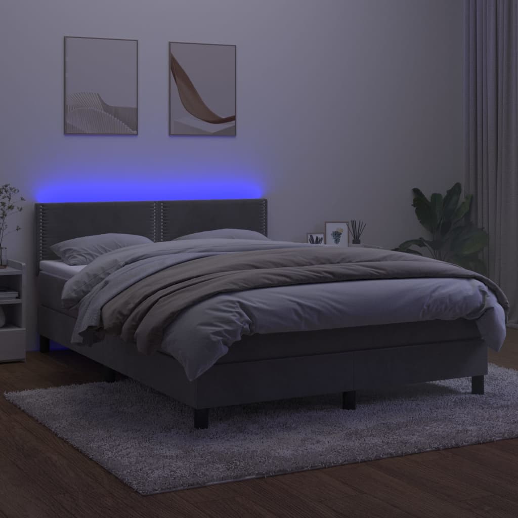vidaXL Boxspring met matras en LED fluweel lichtgrijs 140x190 cm afbeelding