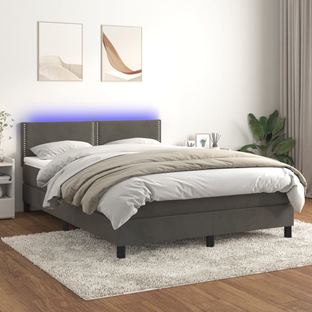Box spring postel s matrací a LED tmavě šedá 140x190 cm samet