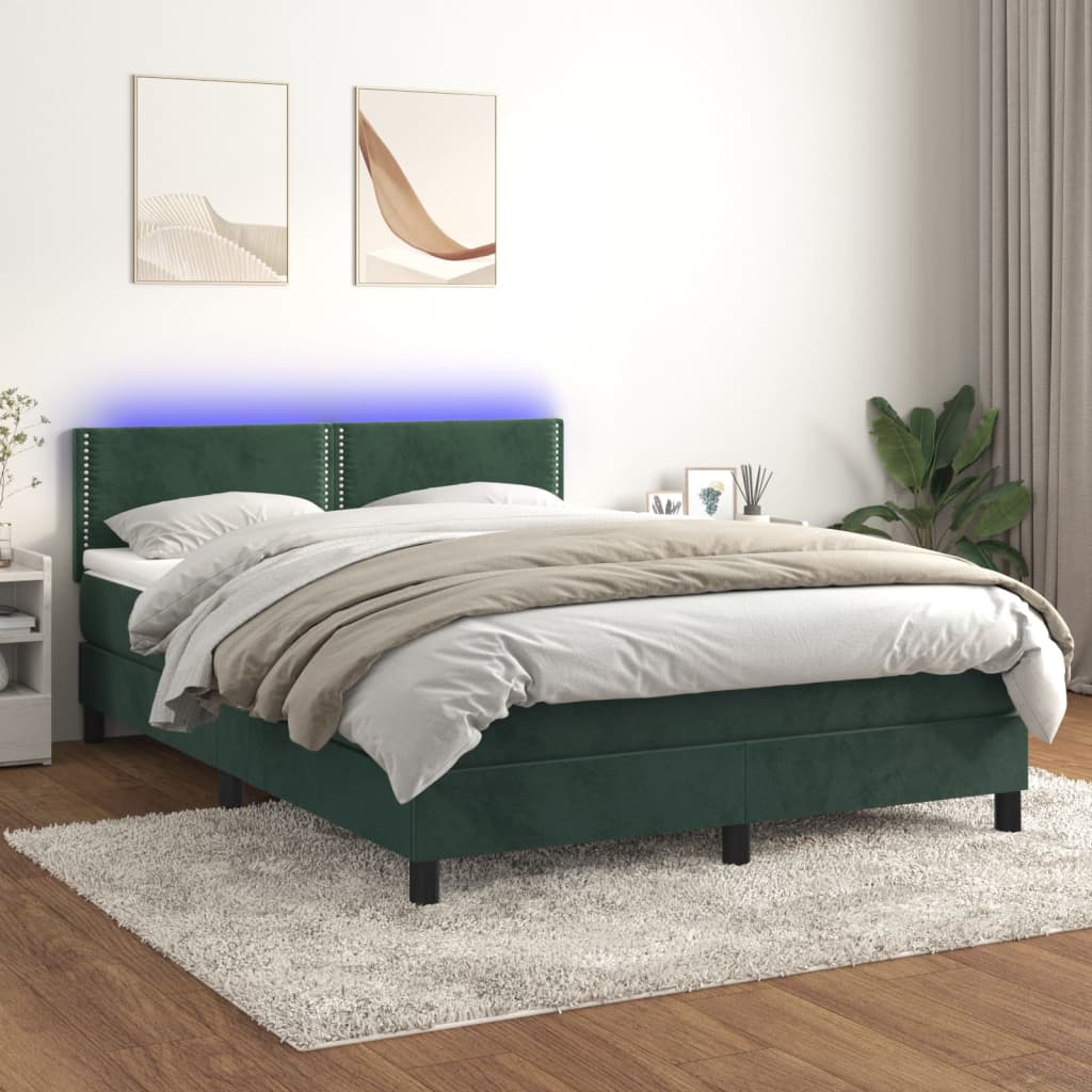 vidaXL Boxspringbett mit Matratze & LED Dunkelgrün 140x190 cm Samt