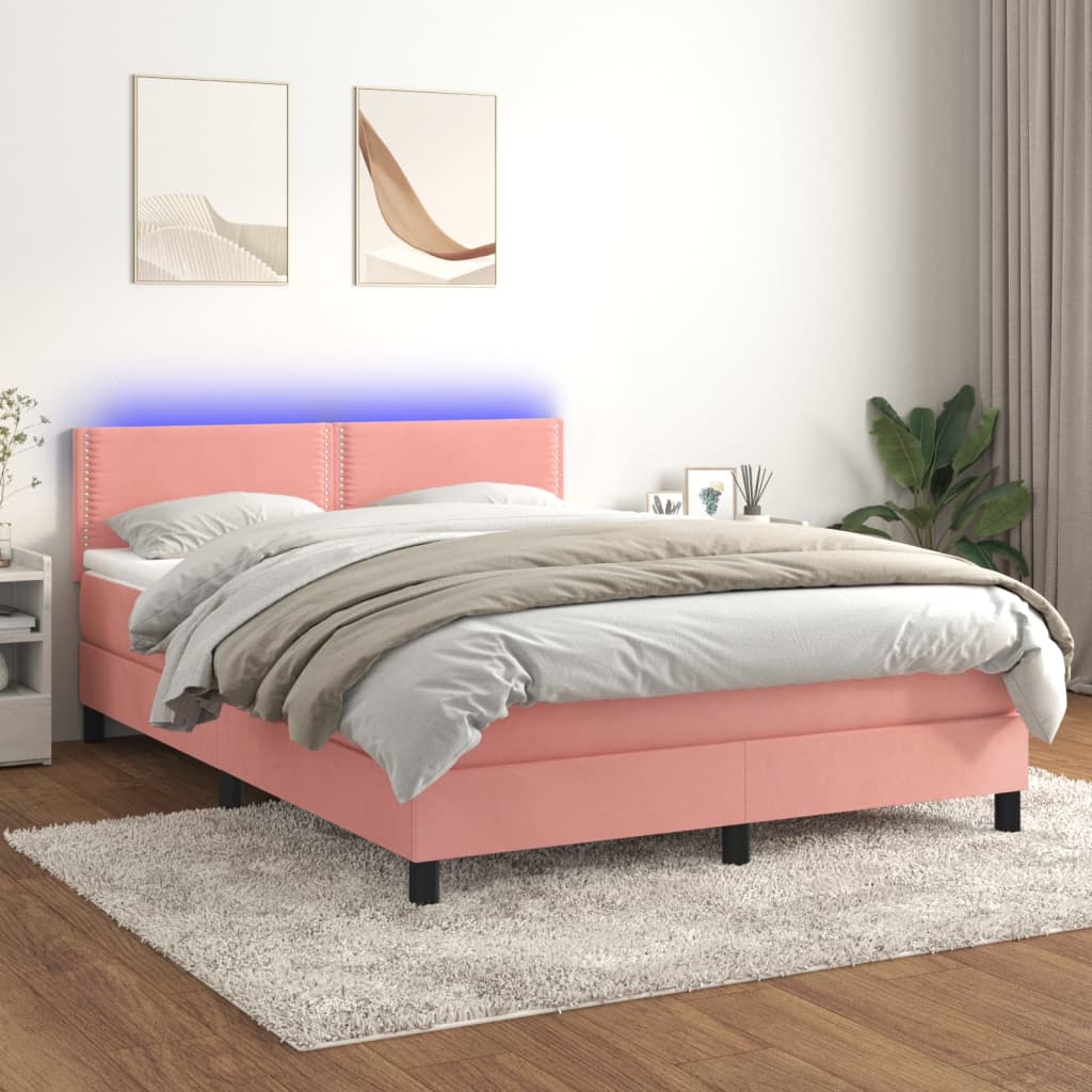 Box spring postel s matrací a LED růžová 140x190 cm samet