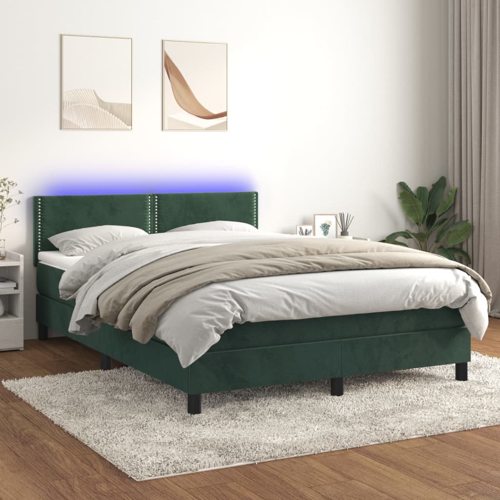 Box spring postel s matrací a LED tmavě zelená 140x200 cm samet