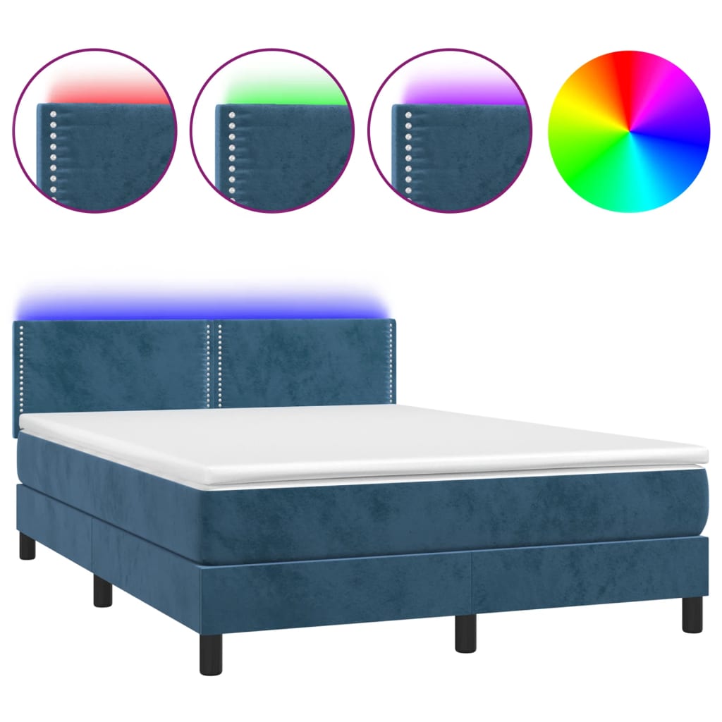 Box spring postel s matrací a LED tmavě modrá 140x200 cm samet