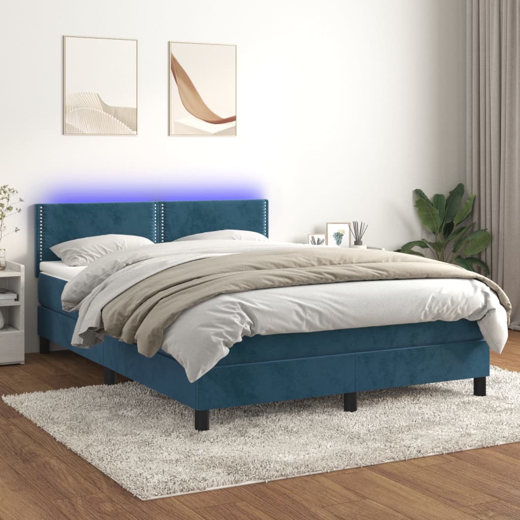 vidaXL Boxspringbett mit Matratze & LED Dunkelblau 140x200 cm Samt