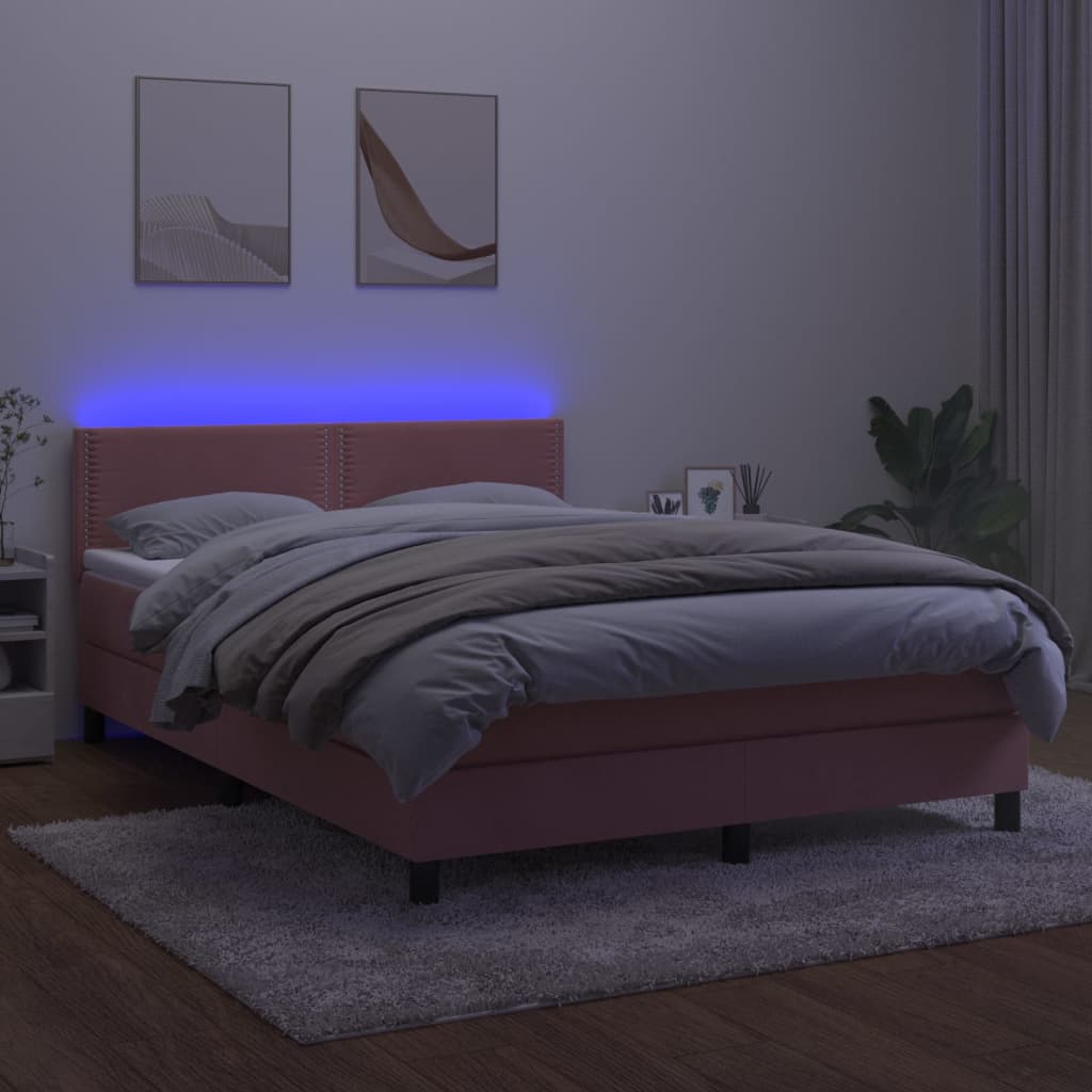 vidaXL Boxspring met matras en LED fluweel roze 140x200 cm afbeelding