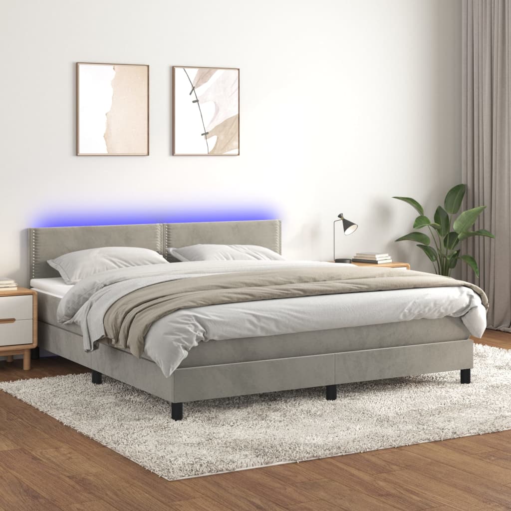 Világosszürke bársony rugós és LED-es ágy matraccal 160x200 cm 
