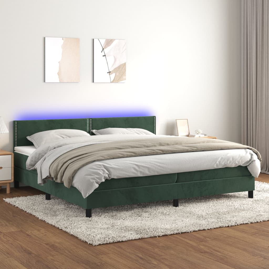 vidaXL Box spring postel s matrací a LED tmavě zelená 200x200 cm samet