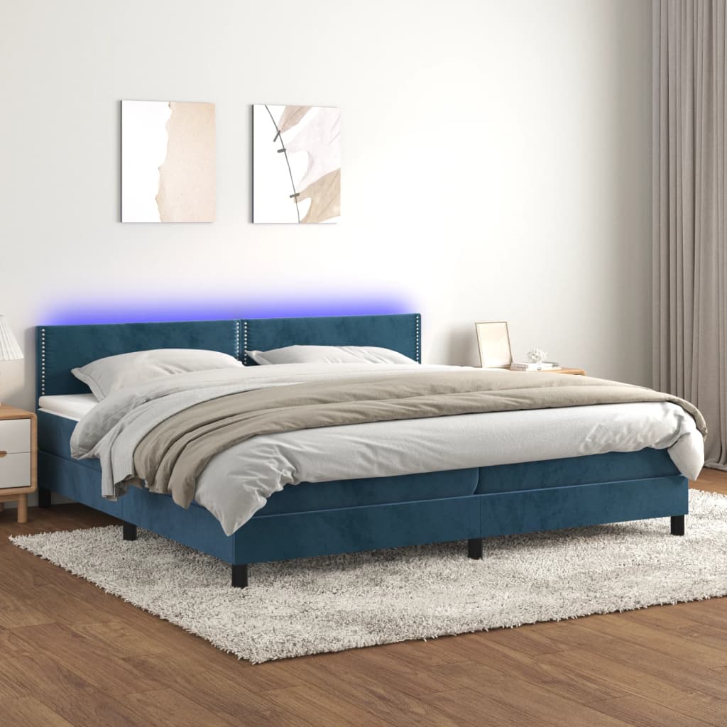 vidaXL Pat cu arcuri, saltea și LED, bleumarin, 200×200 cm, catifea vidaXL imagine 2022