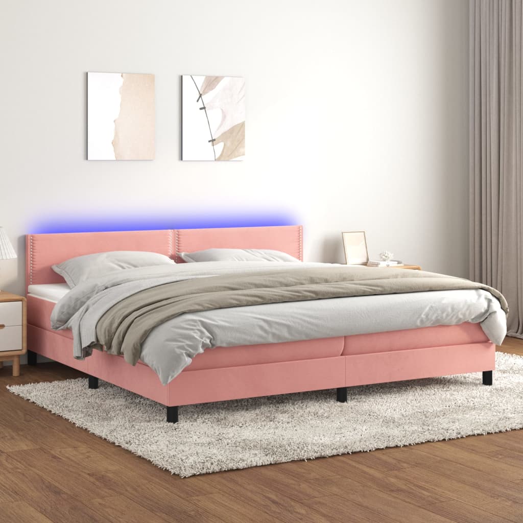 Box spring postel s matrací a LED růžová 200x200 cm samet