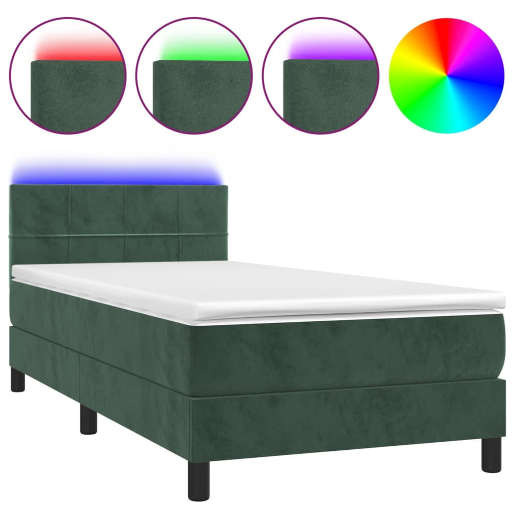 Box spring postel s matrací a LED tmavě zelená 90x190 cm samet